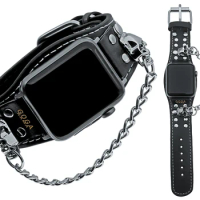Leather Skull Metal Chain Cuff Bracelet for Apple Watch Bands 49mm 45mm 44mm 42mm 41mm 40mm 38mm Ultra2/Ultra Series Accessory