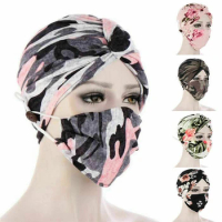 2021 New Fashion Floral Printing Twisted Hooded Cap Mask Set Women Anti-seize Button Muslim Turban Wrap Skullies Hat