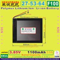 2pcs [F100] 3.85V,3.8V,3.7V 1100mAh [275364] Polymer lithium ion / Li-ion battery for power bank,e-book;mp3;GPS;mp4;sony cell