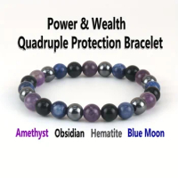 Natural Obsidian Hematite Amethyst Blue Moon Stone Beaded Bracelets for Men Quadruple Protection Lucky Jewelry Inspiring Gift