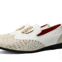 Loafers men breathable 2023 new spring trend Snakeskin pattern casual personality WHITE PU leather shoes size37-48#