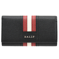 【BALLY】經典紅白紅條紋金屬LOGO信用卡卡片4孔鑰匙包(黑)