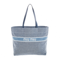 MIU MIU 新款雙色牛仔布織花標誌直式托特包 (牛仔色)