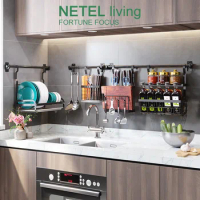NETEL Kitchen Rack Organizer Wall-mounted Storage Shelf Hanging Tools Holder with Drain Tray Stainless Steel&amp;Black Coating