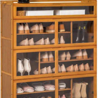MoNiBloom Shoe Storage Cabinet with Pull-Down Acrylic Doors &amp; Tall Compartment for Heels Boots Shoes Rack for 28-33 Pairs