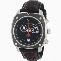 【MASERATI 瑪莎拉蒂】MASERATI手錶型號R8871606001(黑色錶面黑銀錶殼深黑色真皮皮革錶帶款)