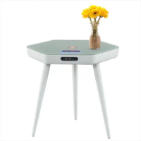 Multi Functions Hexagon Speaker Smart Table with Tempered Glass Top HiFi AUX Audio Wood Legs USB Charging Side Tables