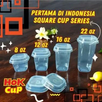 HOK SQUARE CUP SERIES Gelas Plastik KOTAK 8 12 16 22 Oz (1 Slop Isi 25 Pcs) Termasuk TUTUP Tebal Ant