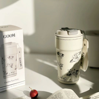 2284GOOM花園茶會保溫杯女生高顏值咖啡杯家用車載不銹鋼便攜吸管水杯【宜家良品百貨】