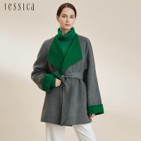 JESSICA - 氣質寬鬆撞色雙面呢羊毛綁帶翻領中長大衣外套2245C2