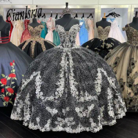 Mexican Black Quinceanera Dress with 3D Floral Applique Ball Gowns Vestidos XV Años Sweet 16 Dress Bow robe de soirée 2022