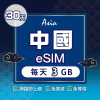 【環亞電訊】eSIM中國30天每天3GB(24H自動發貨 中國網卡 大陸 中國移動 免翻牆 免換卡 eSIM)