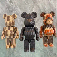 Bearbrick 400% 28cm Karimoku x Fragment (Carved Wooden) Black Wavy Horizon Checkerboard Be@rbrick Solid Wood Carved Wooden Bear