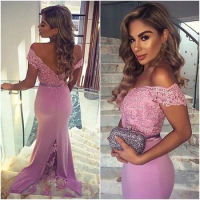 Stunning Pink Evening Dresses Off The Shoulder Mermaid Evening Party Gowns Backless Lace Sleeveless Evening Gowns for Women