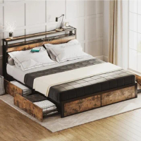 Queen Size Bed Frame with Storage Drawer, 2-Tier Storage Headboard with Charging Station, Queen Size Bed Frame