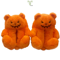 Rytanda Kawaii Teddy Bear Pumpkin Slippers Orange Bear Soft Plush Doll Indoor Fuzzy Flat House Shoes Women Men Halloween Gifts