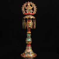 22"Tibetan Temple Collection Old Bronze Outline in gold Gem Turquoise Ganesha Lotus stage Oil lamp Candlestick Worship Hall