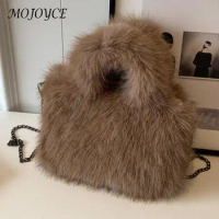 Women Fuzzy Shoulder Bag Soft Chain Crossbody Bag Casual Soild Sling Bag Versatile Slouchy Shopper Bag