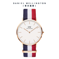 Daniel Wellington DW 手錶 Classic Cambridge 40mm經典藍白紅織紋錶-白錶盤-玫瑰金框 DW00100003
