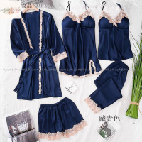 ✖▥帶胸墊奢華冰絲五件套家居服女生睡衣蕾絲性感吊帶睡裙仿真絲睡衣長袖長褲四季可穿絲滑絲綢斷面睡衣情趣男友撲倒冰絲浴