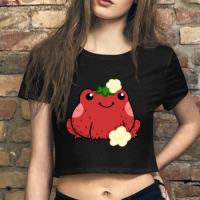 Cute flower Strawberry frog Women's Crop tshirt Girl personality Crop tee fashion casual Crop top Harajuku style Crop tee tops