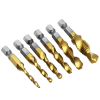 Drilling HSS Thread Tap 6Pcs Set Titanium-Coated M3–M10 Quick-Change Hex Twist Drill Bit Set Machine