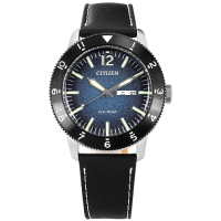 CITIZEN  光動能 潛水風 星期日期 防水100米 小牛皮手錶-藍x銀框x黑/44mm