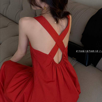 參加婚禮穿搭2022新款法式小禮服高級設計感露背紅色吊帶連衣裙女