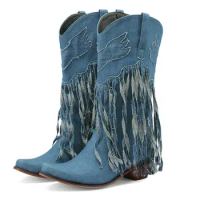 Denim Jeans American Cowboy Boot Shoes For Wide Calves Big Size 46 47 48 Blue Black Winter Mid-calf Boots With Tassels Fringes