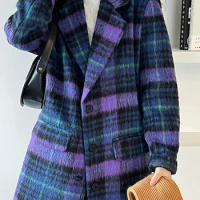 Tesco Plaid Wool Coat For Women 2023 Winter Loose Casual Full Sleeve Blazer Trench Korean Fashion Senior Medium Length Outerwear
