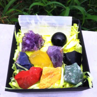 Natural Crystal Stone Amethyst Geode Gift Box Rough Stone Set Yoga Energy Seven Chakra Wand Point Energy Healing Rock Geode