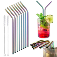 8 Pcs Reusable Drinking Straw Metal Straws Cleaner 304 Stainless Steel Straws Set Straight Bent Eco-friendly Drinkware Straw
