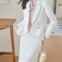 Yitimuceng Elegant Ladies Skirt Suits for Women Fall Winter 2023 New Fashion Long Sleeve Solid Office Formal Blazer 2 Piece Set