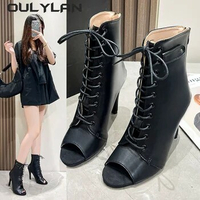 2024 Boots Female NEW Spring Summer Thin Heel Hollow Dance Shoes Women's Lace up Jazz Dance High Heels 35-43 Size Large Shoes