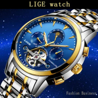 LIGE Luxury Men's Business Multifunctional Automatic Mechanical Wristwatches Waterproof Full Steel Fashion Male Watch 9878