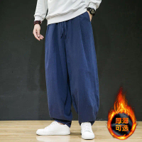 2026 Quần Linen Nam Quần Mùa Đông Lót Lông Cừu Dày Quần Thường Ngày Nam Size Lớn Quần Rộng Ống Rộng 