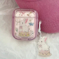 Cute Cake Rabbit Angel Bunny Pendant Case for Apple AirPods 1 2 Pro Clear Pink Rainbow Wireless Earphone Funda For Air Pods 3