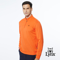 【Lynx Golf】男款網眼材質內刷毛菱格壓紋樣右臂Lynx字樣造型長袖立領POLO衫-橘色