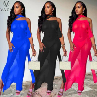 VAZN 2022 Hot See Throuhg Lace Outspoken Young Solid Open Halter Off Shoulder Backless Dress +Underwears Women 2 Piece Set