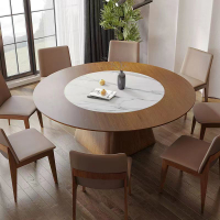 2米大圓餐桌家用實木宴會餐桌帶嵌入轉盤圓桌中式侘寂大型圓餐桌