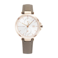 【Tommy Hilfiger】玫瑰金框 白面 兩眼日期顯示 大象灰皮革錶帶 手錶 女錶 母親節(1782125)