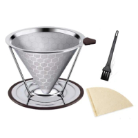 Coffee Dripper,Coffee Filter Paper Set,Reusable Drip Cone Coffee Filter With Stand And Cleaning Brush For Coffee Maker