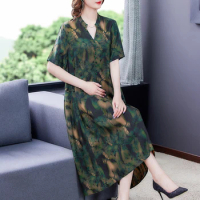 2023 New Fashion Silk Printed Dress Women's Summer Versatile Retro 3/4 Sleeve Loose Fit Casual Holiday Dress Vestidos