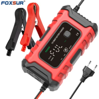 FOXSUR 12V 6A Smart Battery Charger with LED Display, Motorcycle &amp; Car Battery Charger 12V AGM GEL WET Lead Acid Battery Charger