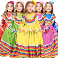 Traditional Mexican Folk Dancer Cosplay Costume Girls Mexico Style Festival Dress Vintage Boho Long Dress School Stage Role Play