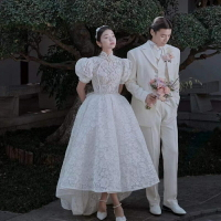 22影樓拍照主題服裝中式旗袍領復古旅拍情侶寫真婚紗禮服蕾絲拖尾
