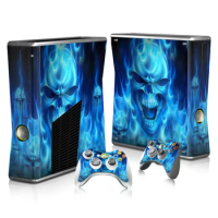 Skin Sticker Decals For Xbox 360 Slim Console and Controller Skins Stickers for Xbox360 Slim Vinyl - Blue Fire Ghost