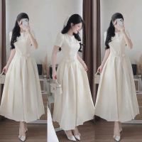 Váy liền M17 dáng dài công sở cổ tròn xếp ly