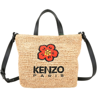 KENZO BOKE FLOWER 海棠花字母刺繡拼拉菲草編織手提/斜背托特包(黑色)