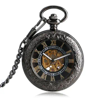Luxury Mechanical Pocket Watch Mens Carving Transparent Glass Cover Winding Fashion Automatic Steampunk Exquisite Fob Watch Gift